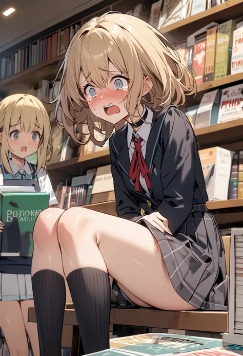 NSFW, Build something amazing, Black choker, Blonde、Brown Hair　High school girl.Punishment at the bookstore.Frightened and crying, she reflects on her actions.Black ribbed socks