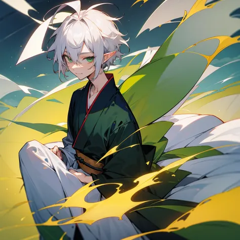 elf, male, silver hair,short hair, medium cut, ahoge, curly hair, green eyes,slender, fair skin, japanese kimono, cool mild smil...