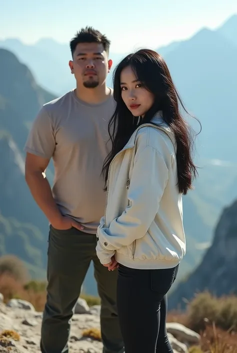 Chinese girl, white skin, shaggy breasts, big breast, straight black hair, detailed fingers and nails, naughty smile, thick body, sexy body, curvy waist, milky white skin, white hiking jacket with zipper, standing on a peak of a hill, mountain background, ...