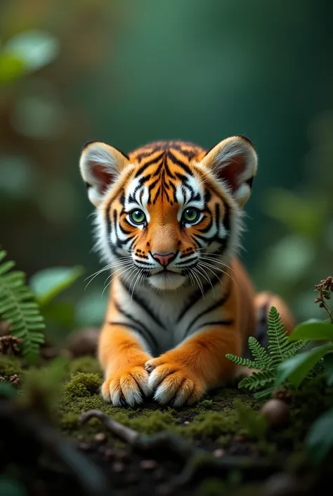 A highly detailed, creative close-up shot with a shallow depth of field, featuring a tiny tiger cub, precisely six centimeters long, with vivid orange and black stripes and bright green eyes that seem to sparkle with curiosity. The cub is nestled on a soft...