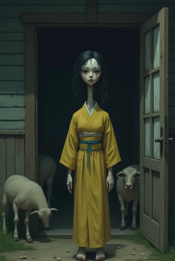 Scene where Yuki a young woman dressed in traditional yellow Japanese clothing , with his long neck his neck is very long and his face white like a zombie with a bit of hair mixed in . She enters a dark house. Farm animals are visible in the dark, seeming ...