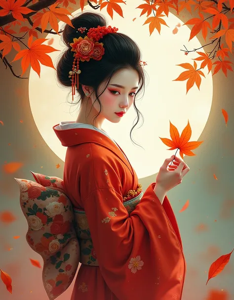 chinese painting, charming geisha holding autumn leaf, beautiful chinese patterns, high saturation, dynamic, random pose, high detail, bright