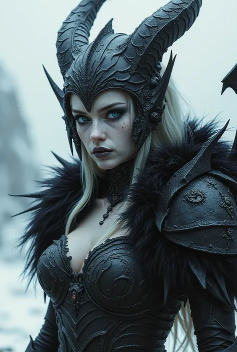 A portrait photo of a beautiful girl,  undead, scary face, pale white skin and white hairblue eyes, developed body, wearing heavy death knight armor , black colored armor, the armors are highly detailed engraved and embossed. Black furry cover, ice hills b...