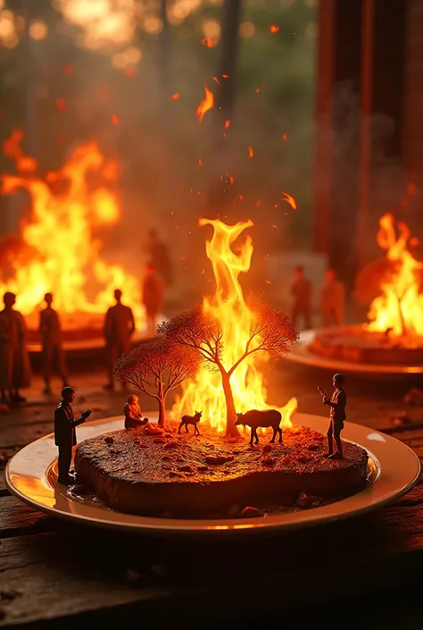 Steak on fire and mini Brazilian trees on fire on a plate, covered in flames and,  In the background, Brazilian trees and animals on fire.  People standing, having a barbecue, on a barbecue, Amidst the flames. 