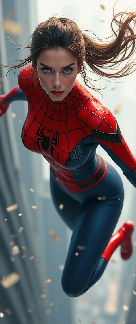 (masterpiece:1.2,Superior Quality,Mirror-like,Cinematic Experience,Realistic:2.0,RAW Photos:2.0),8k,wallpaper,(Written boundary depth:1.6),(One Woman),(Spider Girl is flying towards me.:2.0),(Spiderman&#39;s uniform is made of very thin fabric:2.0),(ponytail),(Beautiful Eyes:2.0),(Highly detailed face:2.0),(Beautiful Eyes:2:0),(Detailed female hand drawing:2.0),(Super muscular:2.0),(Super sexy:2.0),(Super huge breasts:2.0),(Super thick thighs:2.0),(Beautiful body:2.0),(Super functional:2.0),(Super sensual:2.0),(dynamic:2.0),(Detailed hands:2.0),(The background is a myriad of scattered glass shards and scattered light.:2.0),(Dynamic pose:2.0)