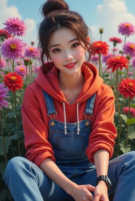 Photorealistic cinematic acrylic painting,made in a very detailed modern style of a beautiful Thai woman with smooth white skin and a perfectly groomed face, rambut coklat disanggul keatas ala korea .wearing a red orange gradient hoodie, elbow roll,celana ...