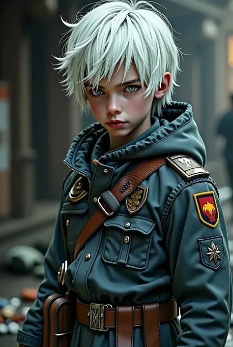 Young athletic boy in soldier&#39;s outfit with long white hair and white eyes.