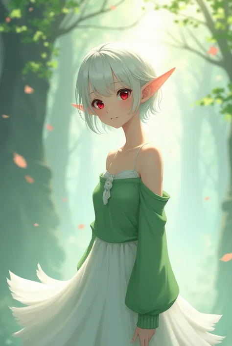 A pale-skinned elf, anime style, with white hair and short above the shoulder, wearing a white dress with a green sweater over it and with red eyes 