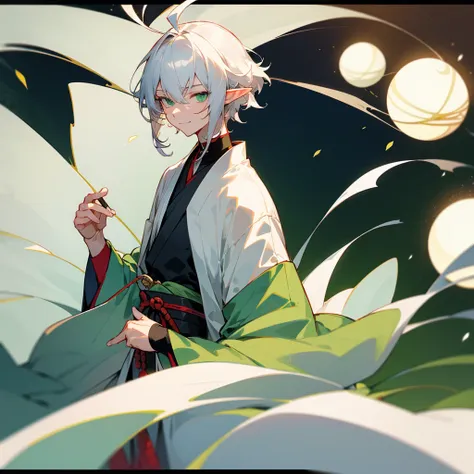 elf, male, silver hair,short hair, medium cut, ahoge, curly hair, green eyes,slender, fair skin, japanese male kimono, white glo...