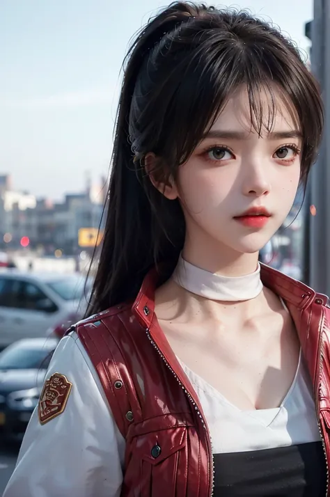 baiyuekui,solo,outdoors,city,street,portrait,
((white choker,white sleeves)),ponytail,fingerless gloves,(black crop top),red jacket,short jacket,
(realistic,photorealistic:1.4)(masterpiece,best quality,ultra detailed,highres,absurdres:1.2),
