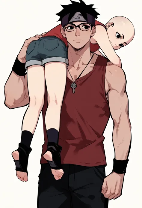 1girl, sarada, black eyes, black hair, short hair, glasses, headband, white tiny shorts, small stature,  body, toeless shoes, red sleeveless dress, (lora:SaradaXL:1) Being carried on the shoulder, back view. 

1boy, upper body, bald_boy, bald male, bigger ...