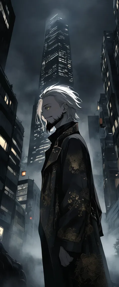 Anime Style。A black silk coat embroidered with gold patterns。In the fog,In the fogで路地。A skinny young man is walking。Thin face。Black belt。smile。Black Beard。Beard。Long white hair。forehead,Foggy Sky。Golden Eyes。Portrait。One person。darkness。Spooky atmosphere。J...