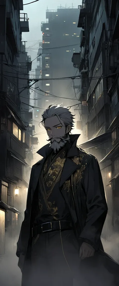 Anime Style。A black silk coat embroidered with gold patterns。In the fog,In the fogで路地。A skinny young man is walking。Thin face。Black belt。smile。Black Beard。Beard。Long white hair。forehead,Foggy Sky。Golden Eyes。Portrait。One person。darkness。Spooky atmosphere。J...