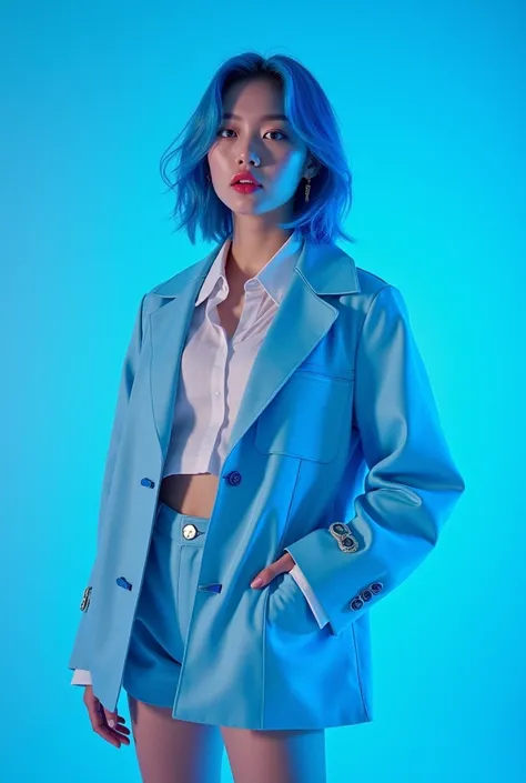 kpop idol with blue hair in school uniform with blue background for concept photot