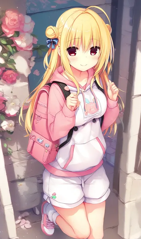 1girl,hiyori-default,hiyori-default,red eyes,blonde hair, double bun,ahoge, long hair, Pink short hoodie, white cotton shorts, white and beige sneakers, mini backpack, pink scrunchie, One person, smiling,