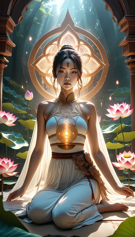 a horrific hungry ghost and a beautiful lotus flower in an aesthetic fusion, a scene of purification illuminated by pure light, a contrast between an attractive female monk and a horrific hungry ghost portrayed artistically in fantastic art, (best quality,...