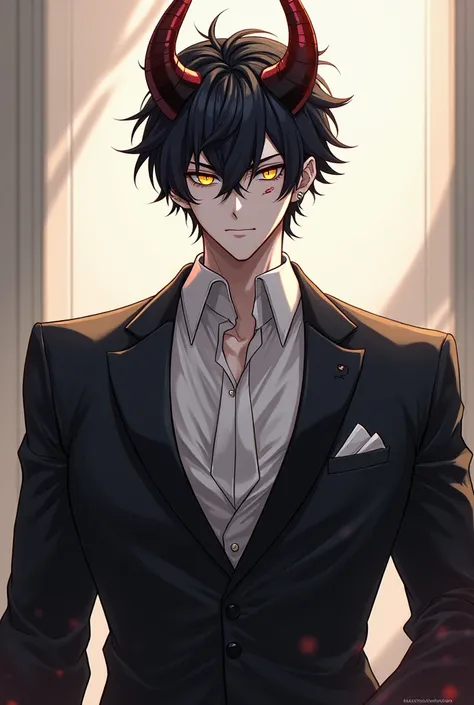 Anime is a demon he has to wear a suit, have white skin and horns curved backwards giving the air of elegance and he looks like a human only with horns and being a demon and he has black and elegant hair, short hair and his eyes are vibrant gold he does no...