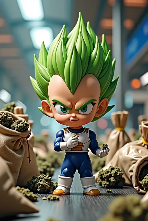 A small vegeta with a joint in his hand and lots of packages behind him with cannabis sticking out of them at Frankfurt main station