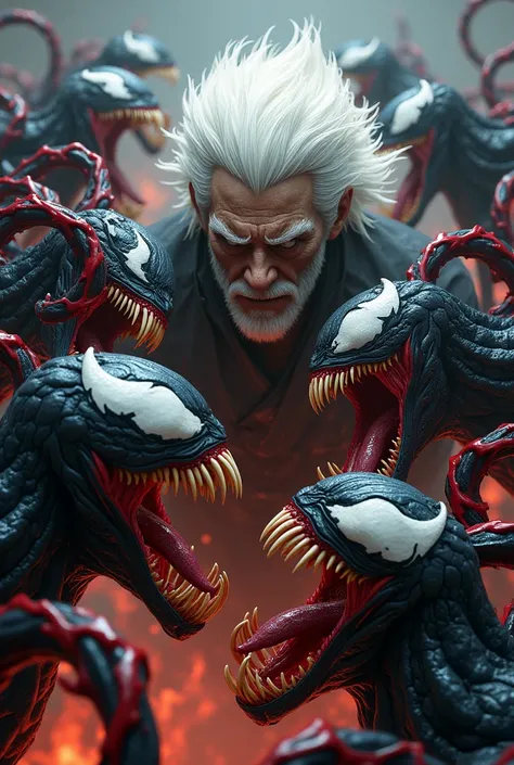 A lot of venom and carnage like creatures only heads fighting against knull 
Knull has white hair no beared he is clean shave realistic scary image 