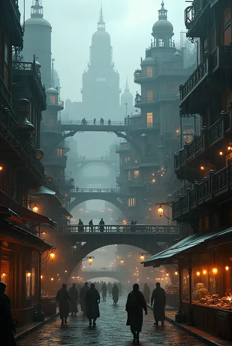 an award-winning (photo realistic 1.2) ((masterpiece)),((best quality)),((high detial)),((realistic,))
Industrial age city, deep canyons in the middle, architectural streets, bazaars, Bridges, rainy days, steampunk, an Ethereal Dark European architecture