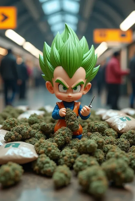 A small vegeta with a joint in his hand and a lots of packages behind him with cannabis sticking out of them at the Frankfurt main station behind him