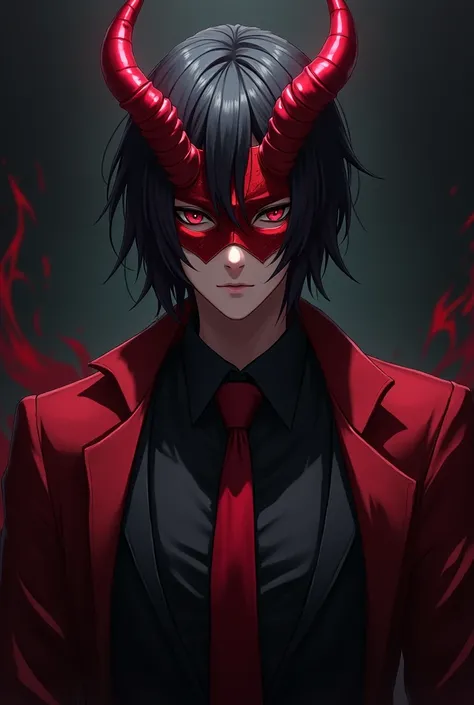 Anime boy with black hair wearing a red mask with red horns wearing black clothes and a red tie with black pants and shoes wearing a black jacket