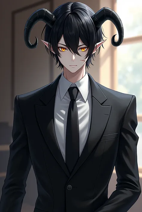 Anime is a demon he has to wear a suit, have white skin and horns curved backwards giving the air of elegance and he looks like a human only with horns and being a demon and he has black and elegant hair, short hair and his eyes are vibrant gold he does no...