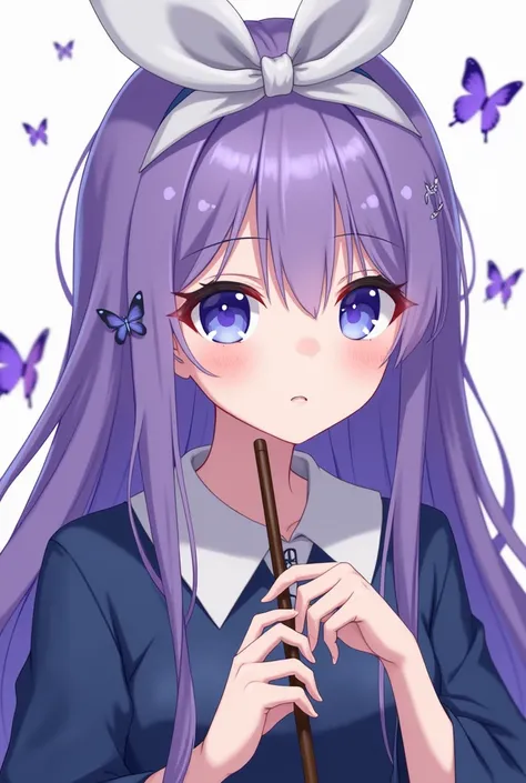 Photo de profil Fille anime avec cheveux violet long et lisse avec un bandeau noeud de papillon blanc , vêtu d’un uniforme de Serdaigle/Ravenclaw et les yeux bleus entourer de papillon violet et baguette de sorcier à la main