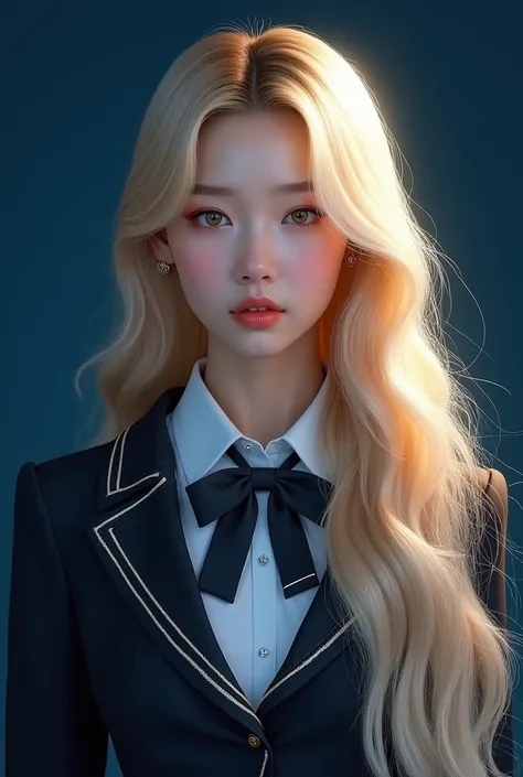 kpop idol with long blonde hair in school uniform with dark blue background