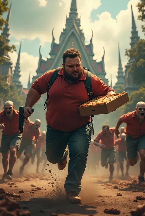 A fat young man holding a gun and a pizza is running away from a huge horde of zombies with a Thai temple in the background.
