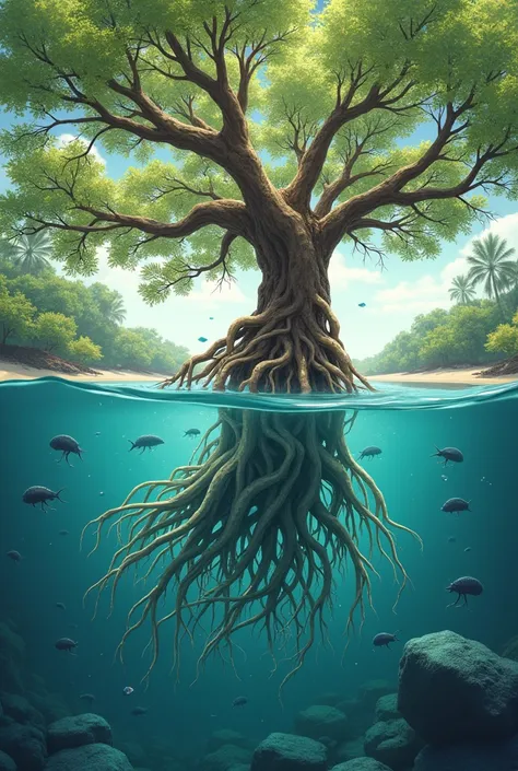  illustration of Ideonella Sakaiensis and Mangrove as one