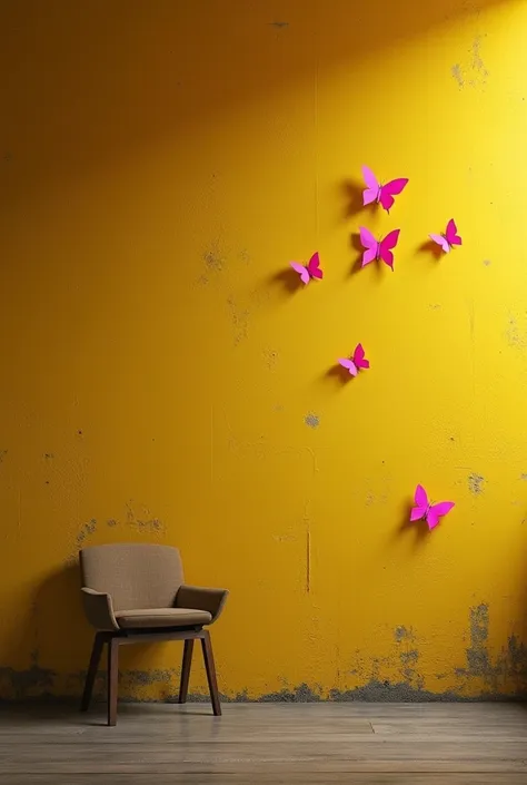 picture of a yellow wall with pink butterfly stickers, quite dark, only wall visible