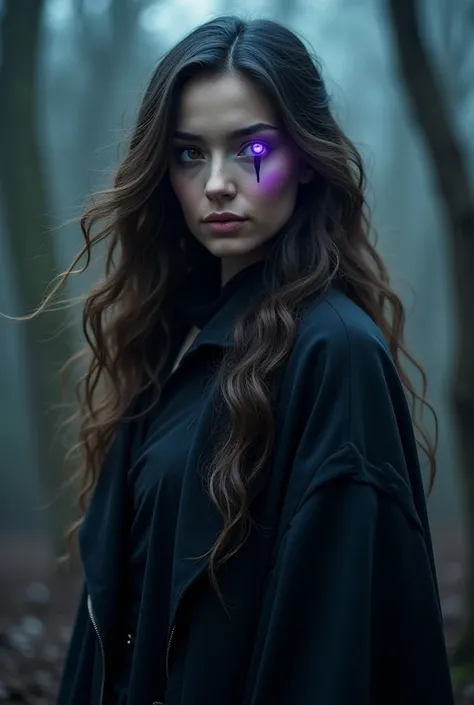 A woman with long wavy hair and a blue-black streak. She is a human witch. Her right eye is black with a purple pupil. 