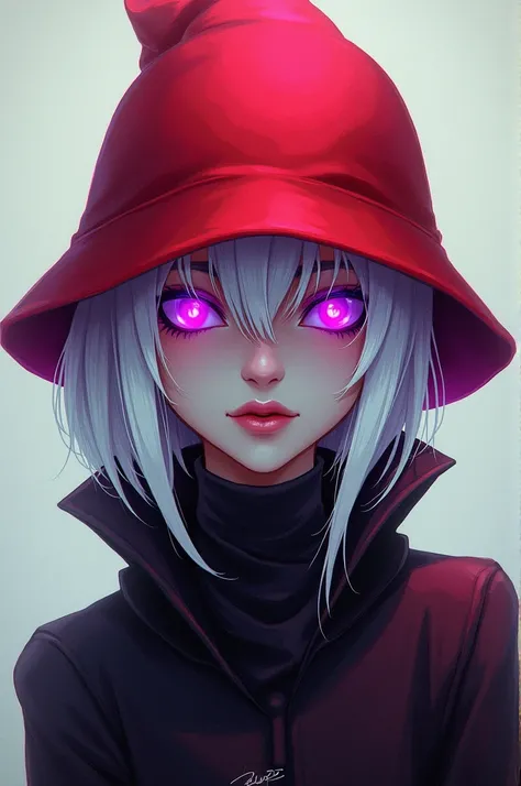 A white haired character wearing a red cap with eyes glowing purple, It has to be a drawing 