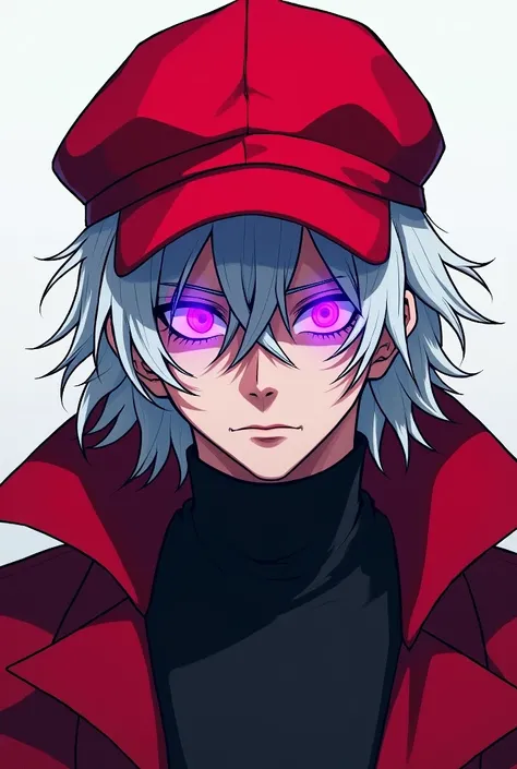 A white haired male character wearing a red cap with eyes glowing purple, It has to be a drawing 