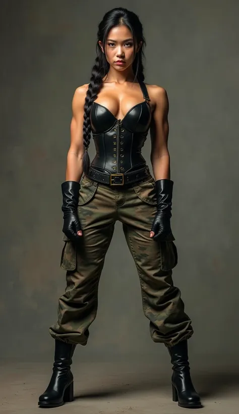 beautiful, gorgeous Asian female bodybuilder. shes a soldier with (shredded muscles).muscled calves, She is wearing black (high heels boots:1.2), a leather corset, and camo baggy pants. she has a long braid. she looks aggressive and dominant. Very tight la...