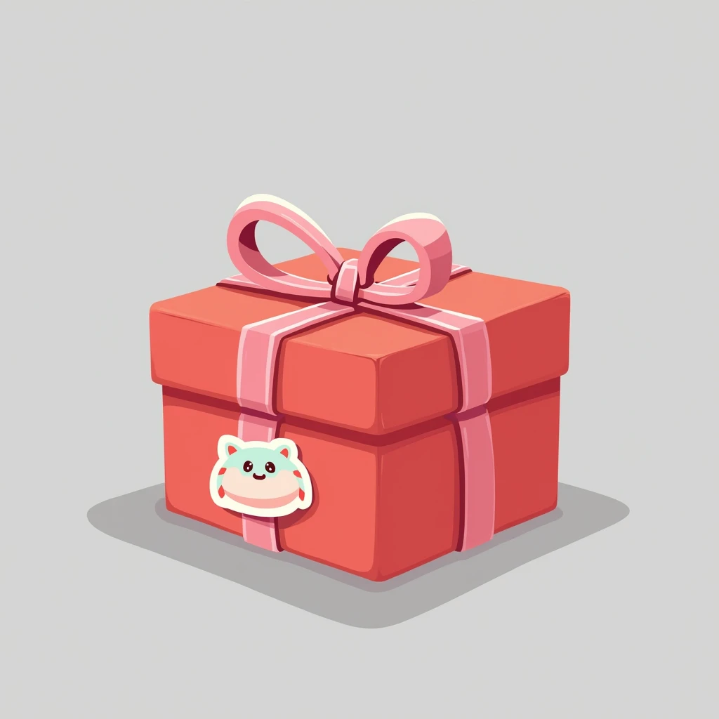 red gift box, stickers, 1sticker，pastel colour, no gradient , funny, line art cartoon style, flat color, outline, grey background, perspective view, low angle view