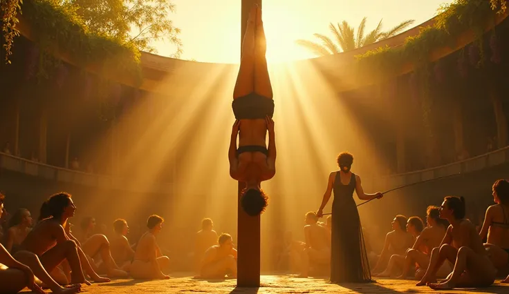 Cinematic, slow-motion shot of an androgynous figure, suspended upside down on a vertical wooden pole, bathed in the golden midday sun. Their skin glistens with sweat, muscles taut, as they hang in the center of a colosseum-like balcony. The background is ...