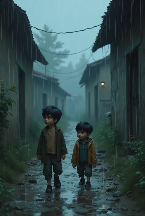 Two boys in a honted village during rain