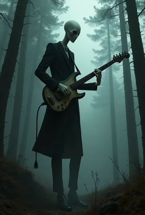 Make Slenderman play rock guitar in a dark pine forest