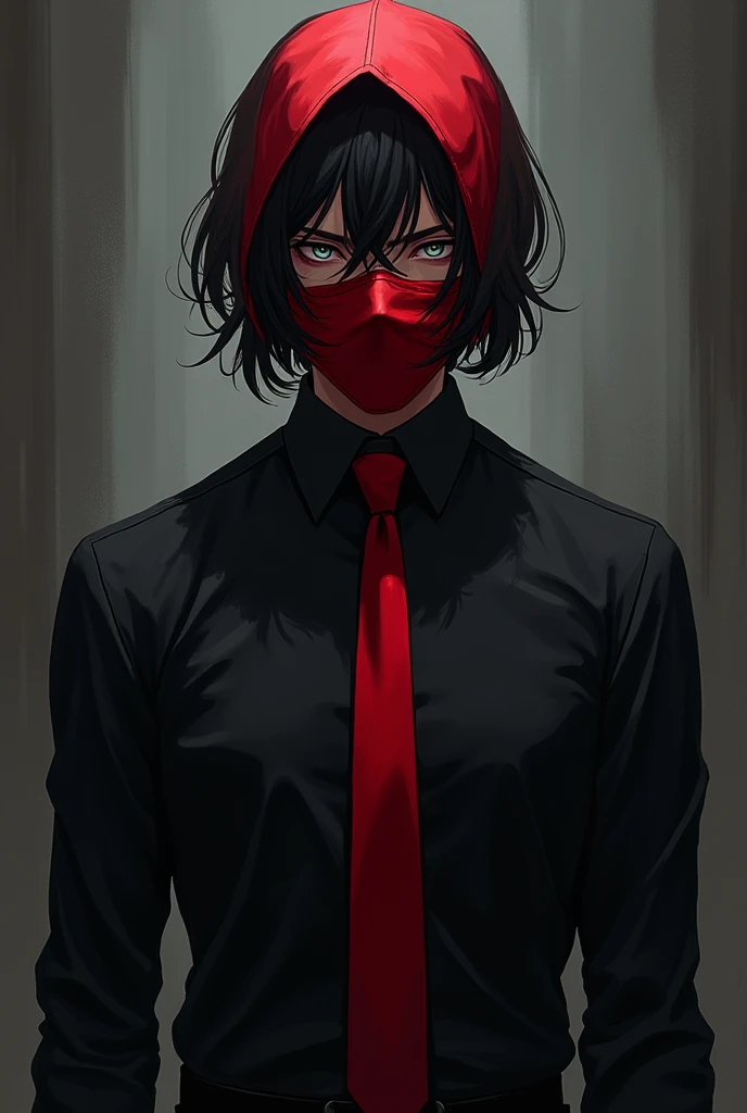 Anime boy with black hair and a red mask covering his face and black clothes with a red tie