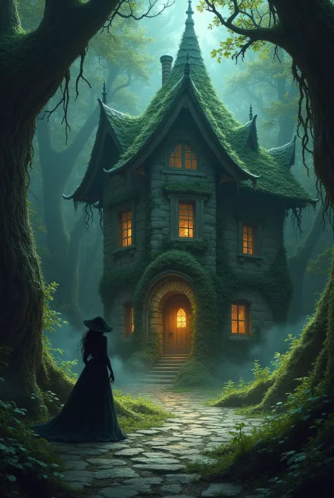 Deep within the forest, they enter the witch’s lair, a crumbling stone house draped in vines and overgrown roots. The walls are etched with ancient symbols. Inside, strange potions bubble in cauldrons, and old books float mid-air. Shadow walks gracefully, ...