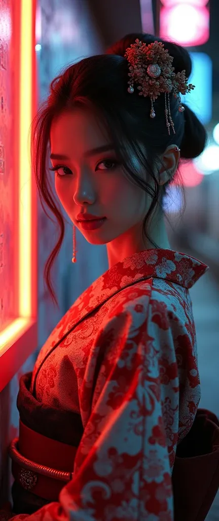 A beautiful young woman with striking features, detailed eyes, lips, and long eyelashes, wearing an intricate kimono with Japanese motifs, standing in an urban setting with graffiti-covered walls, neon lights, and a gritty, edgy atmosphere, (best quality,4...