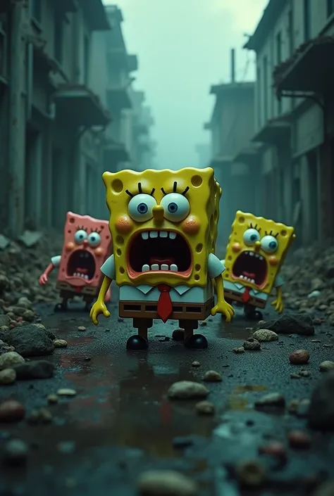 a frightening horror scene of Spongebob Squarepants cartoon character and his friends, highly detailed, photorealistic, dark and moody atmosphere, dramatic lighting, rich textures, gritty, dystopian, (best quality,8k,highres,masterpiece:1.2),ultra-detailed...