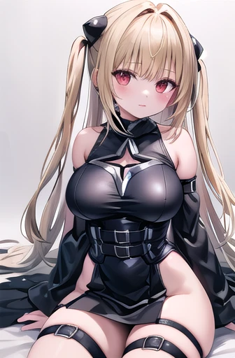 masterpiece, Best Quality, High resolution, aayami, Very long hair, Facing both sides, Hair accessories, Exposing shoulders, Black Dress, Clothing cutouts, Large Breasts, Removable sleeves, belt, Thick legs, Thigh straps, Sitting, Raise your knees, Cowboy ...