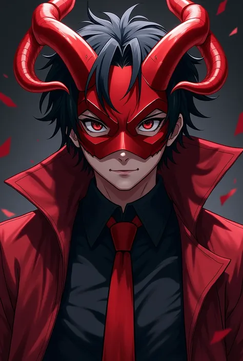 Anime boy with black hair and a red mask with horns that covers his entire face up to his eyes and black clothes with a red tie