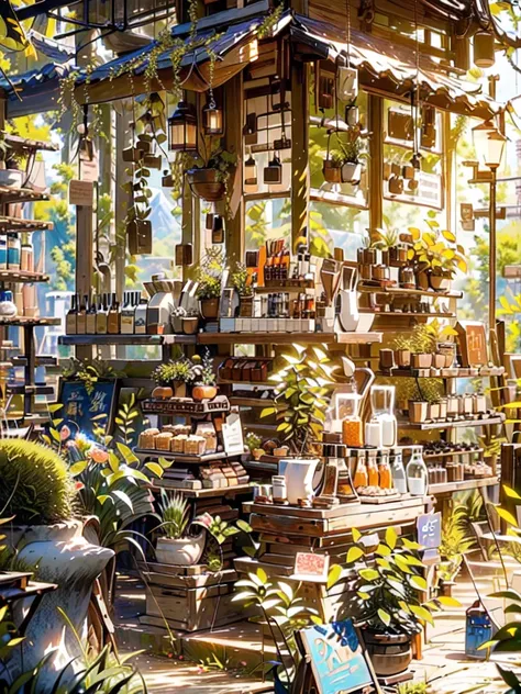 ((modern Japanese shop by the side of a road in the mountains: 1.3)), ((sun-set, sunset, sun set, sun: 1.2)), detailed anime artwork, rural, anime scene, extra detailed, very detailed, japanese shop banners, plant pots, vegetation, woods, lanterns, lamps, ...