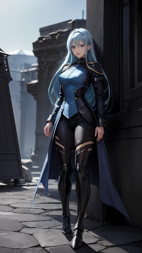 ((Full body photo, standing, feet on the ground)) Chtholly had long sky-blue hair and blue eyes. In battle, she wears a black/navy blue Guardian Wings military uniform, as well as steel armor.