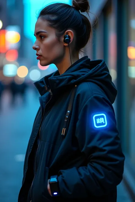 Personal Safety Assistants: Wearables and apps use AI to detect distress, generating automatic SOS signals and sharing location with emergency contacts ensuring women safety. one woman  with bluetooth earpods , wearing hitech watch, hi-tech jacket with blu...