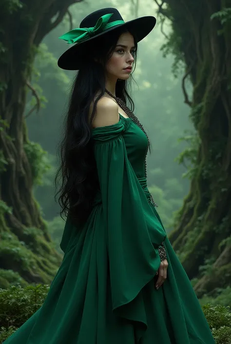 Woman with long black hair with serious face wearing a green dress wearing a black hat with a green bow standing at the mouth of the forest